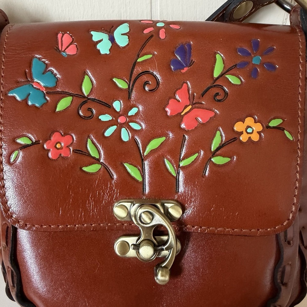 Patricia Nash Brown Leather Crossbody with Multicolor Floral & Butterfly Paint - Picture 2 of 9